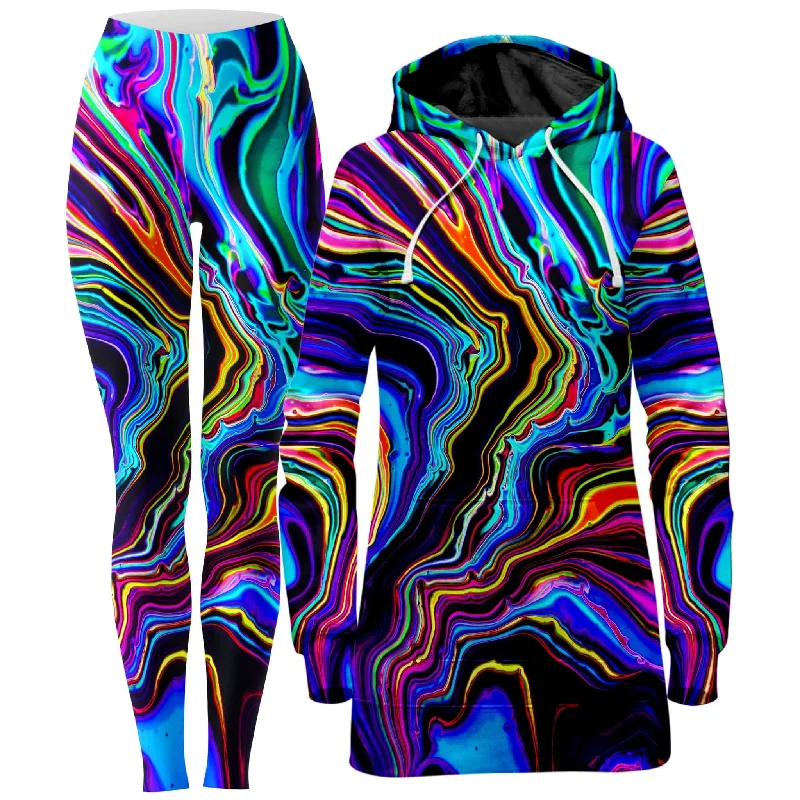 Low-key Luxury Neon Rift Hoodie Dress and Leggings Combo