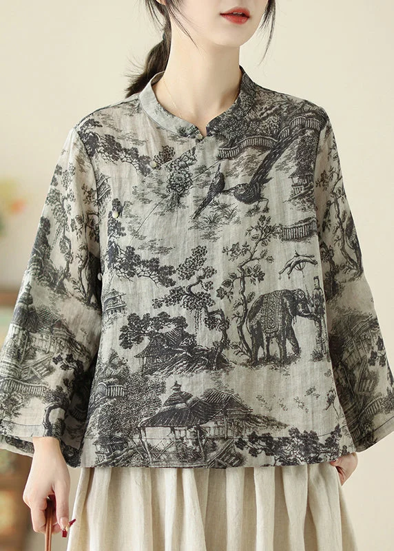 Warm and substantial Loose Grey Stand Collar Print Button Linen Blouse Spring