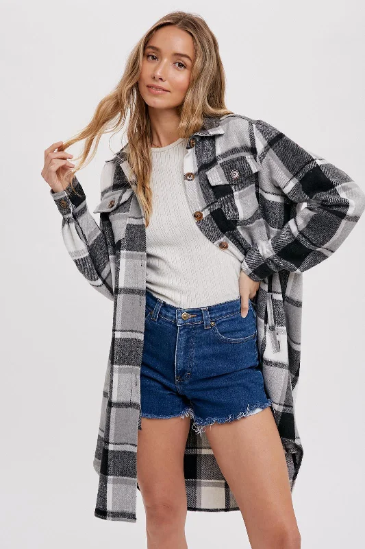 Affordable selection Black Plaid Fleece Long Shirt Jacket