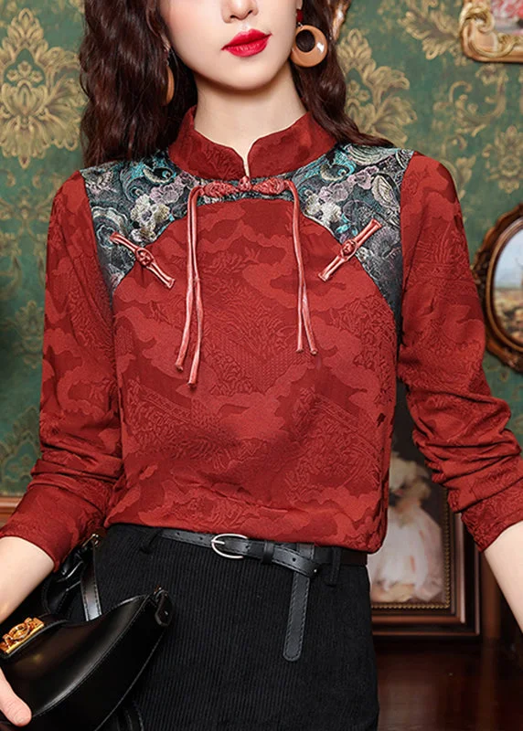 Sports High Waist Style Boutique Red Stand Collar Embroidered Floral Button Top Spring