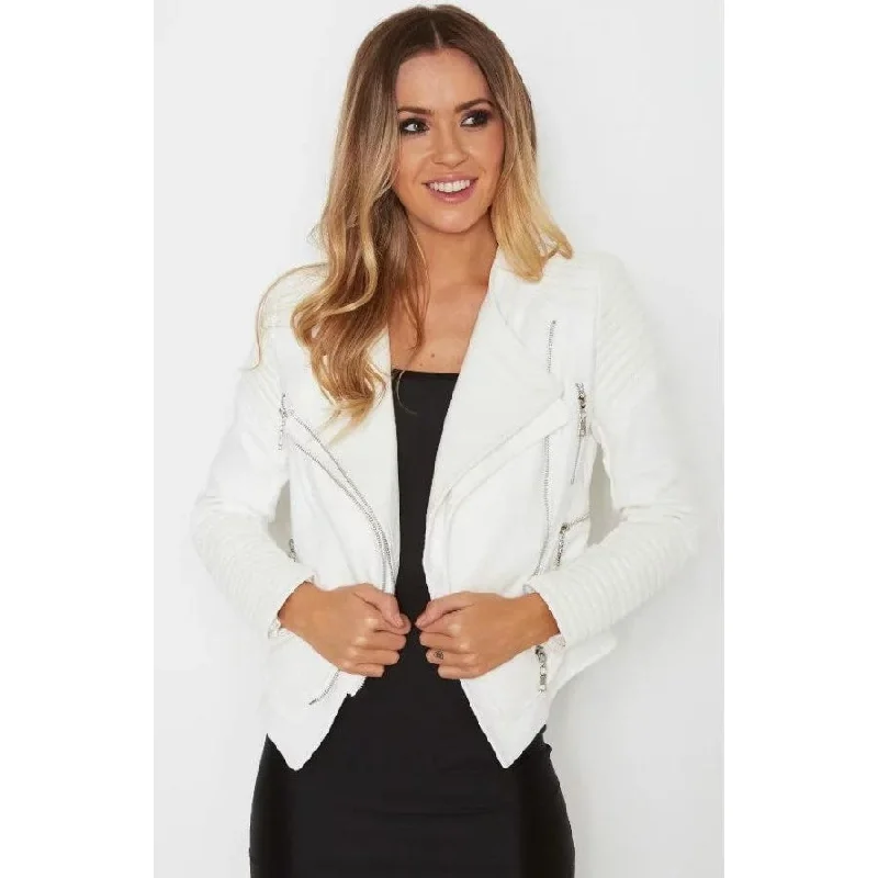 Multi-functional style ALISSA VEGAN LEATHER BIKER JACKET- WHITE