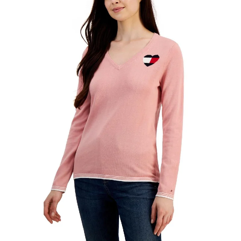 Sports High Waist Style Tommy Hilfiger Womens Round Neck Stripe Trim V-Neck Sweater