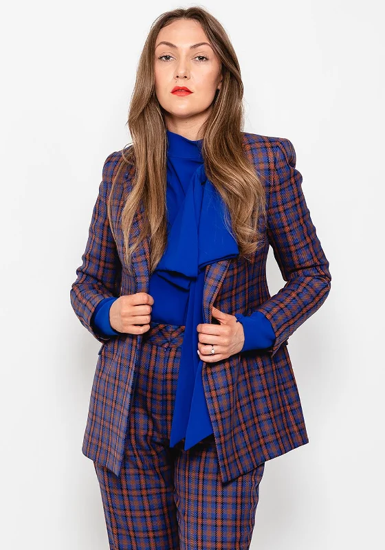 Retro Style Exquise Tartan Double Breasted Blazer, Blue & Tan Multi