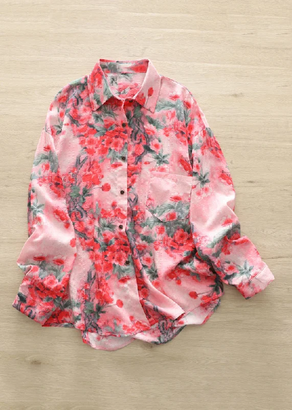 Sports Fitness Wear Fashion Red Peter Pan Collar Print Button Shirts Long Sleeve