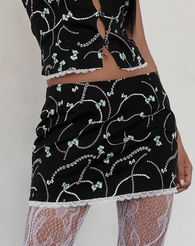 Printed pattern Molen Mini Skirt in Black with Pearl and Bow Print