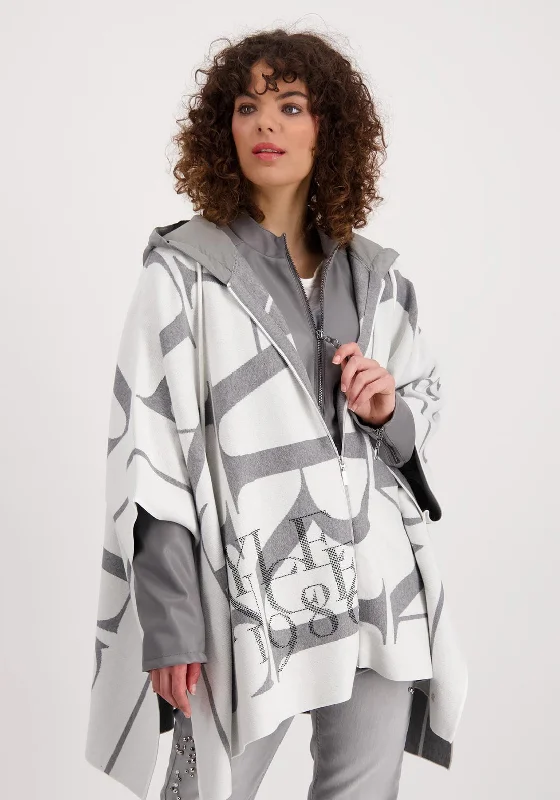 Street Graffiti Design Monari Nylon Hood Knitted Oversize Cape, Grey & White
