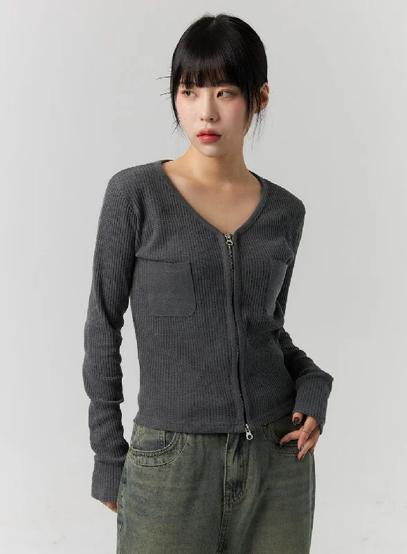 Comfortable down Ribbed V-Neck Zip Up Top CS314