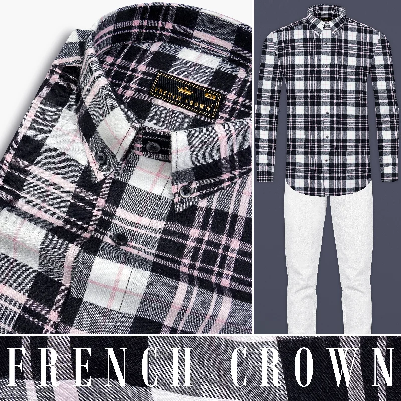 Hooded design Pastel Pink and Black Plaid Flannel Shirt