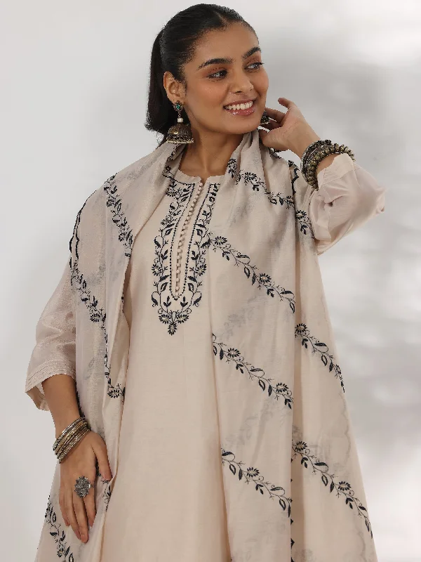 Ultra-lightweight Beige Yoke Design Chanderi Silk Straight Suit With Dupatta