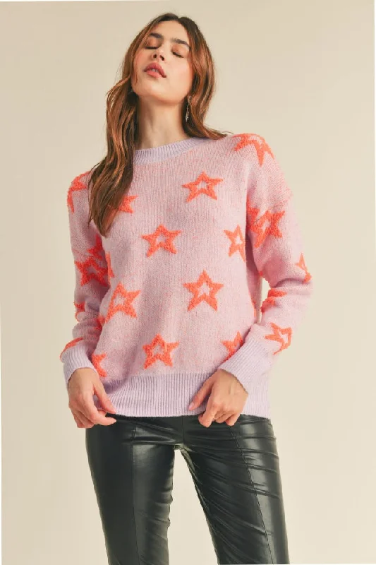 Printed pattern Lilac Orange Crew Neck Sweater With Fuzzy Stars