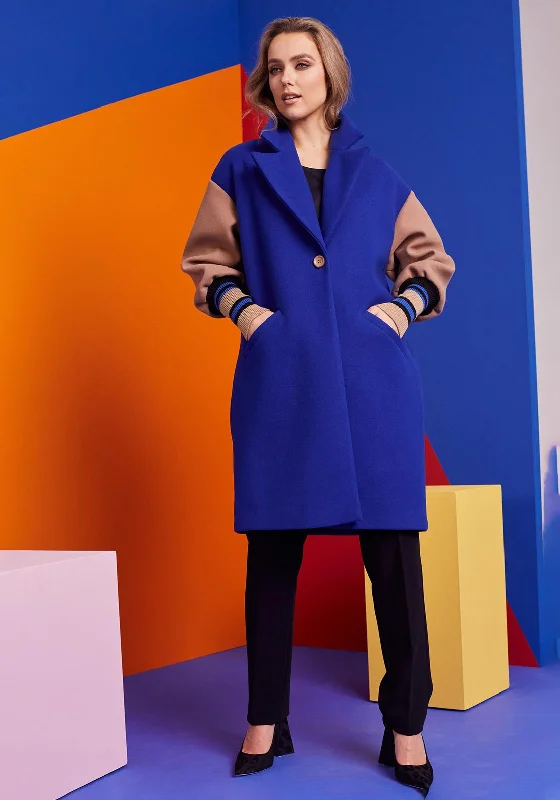 Extra long version Kate Cooper Colour Block Long Coat, Royal Blue & Beige