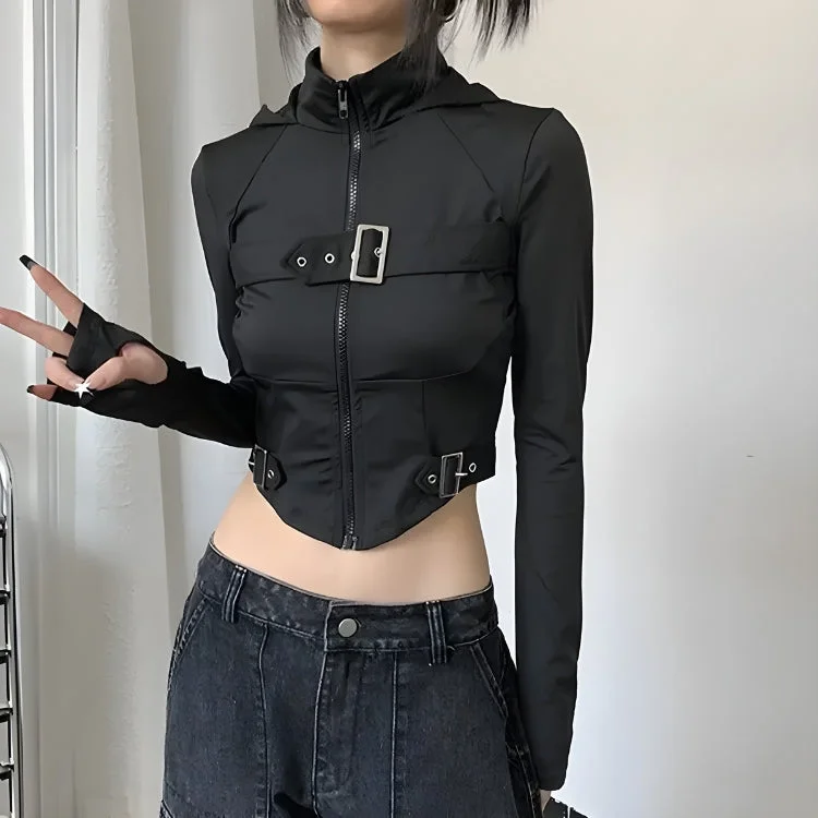 Slim Fit Cyberpunk Belted Zip-Up Crop Jacket