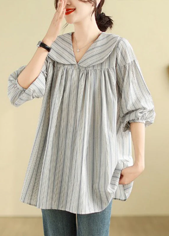 Luxury and fashionable Brief Peter Pan Collar Striped Patchwork Top Long Sleeve