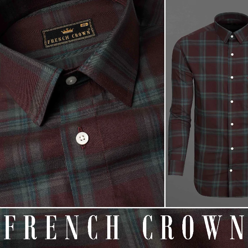 Comfortable and simple Coffee Bean Twill Windowpane Premium Cotton Shirt