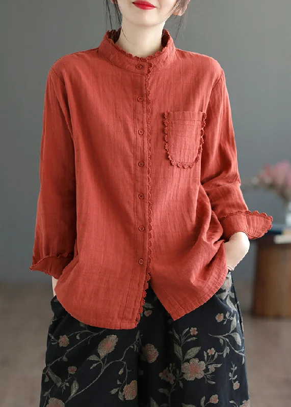 Retro Stripes Loose Red Lace Button Pockets Cotton Blouses Spring