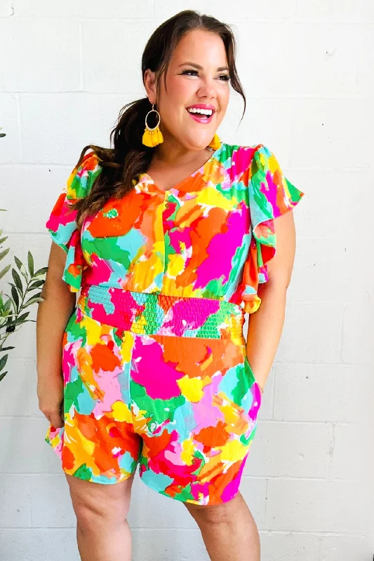 Trendy and versatile Under The Sun Abstract Floral Smocked Waist V Neck Flutter Sleeve Romper