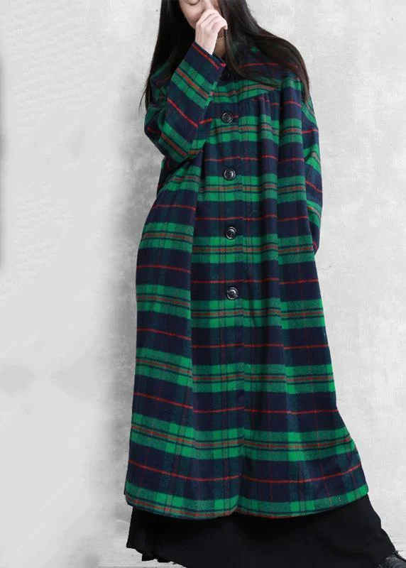 Cool Breeze At Night Luxury green plaid wool coat for woman casual Coats women Notched pockets coats