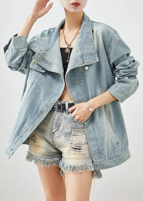 Elegant And Lazy Stylish Light Blue Asymmetrical Denim Jackets Fall
