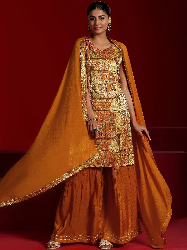 Multi-functional style Libas Art Orange Woven Design Silk Blend Straight Suit With Dupatta