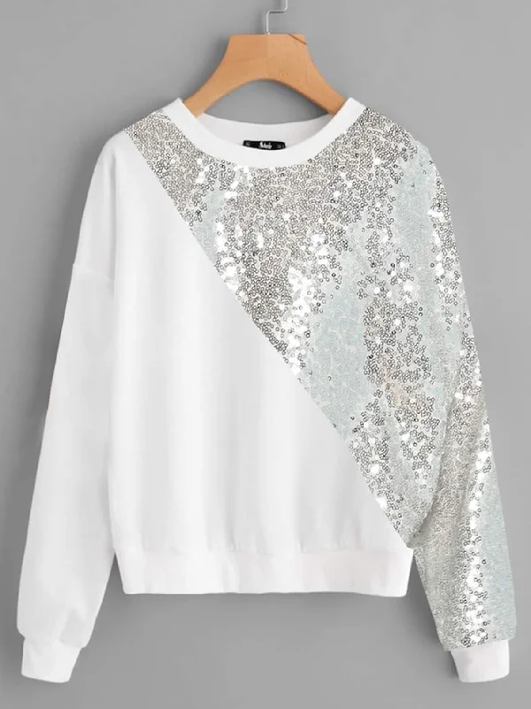 Street Show-off Style Plus Sequin Patched Two-tone Sweatshirt