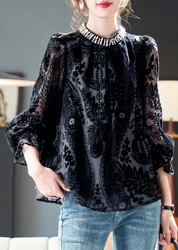 Sports Cool French Black Nail Bead Silk Velour Top Long Sleeve