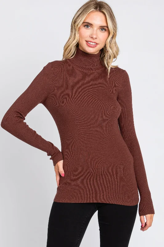 Sports Yoga Style Brown Ribbed Fitted Long Sleeve Top