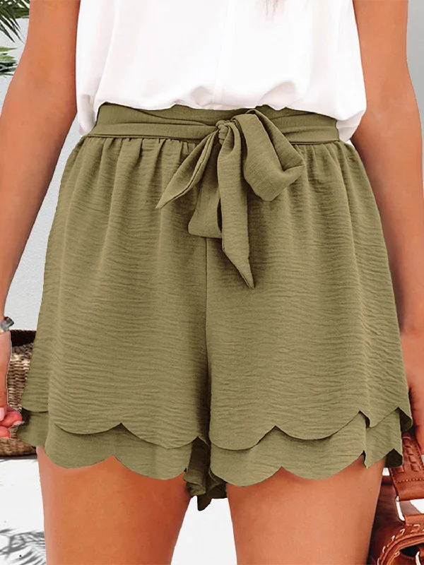 Knitted Design Tied Layered Scalloped Hem Shorts
