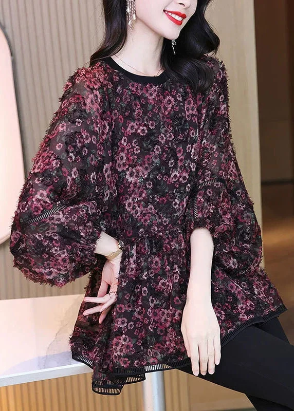 Mid-length Style Loose Photo Color O Neck Print Chiffon Shirt Spring