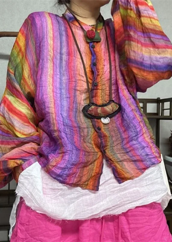 Elegant Classic Loose Rainbow Button Print Linen Shirt Long Sleeve