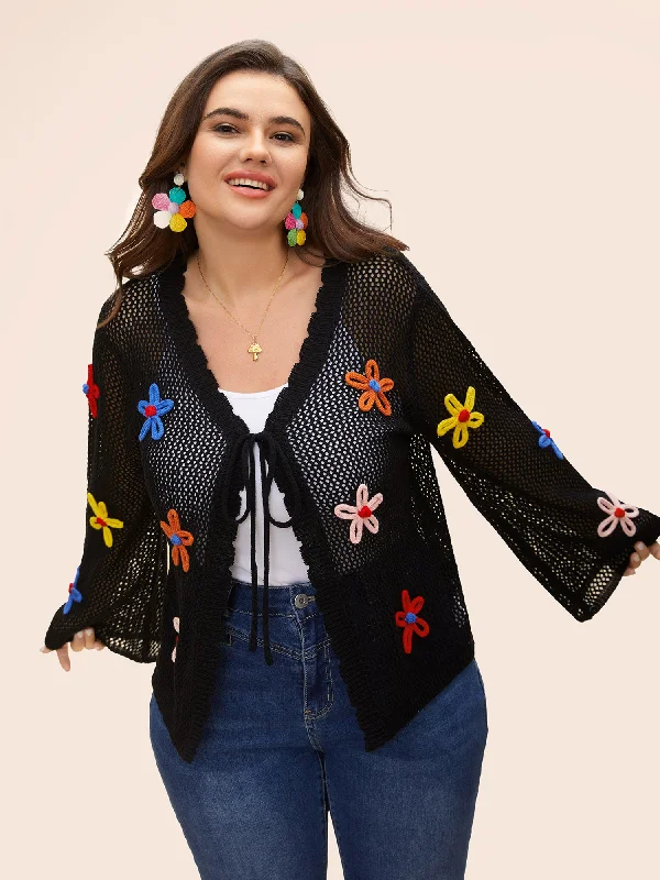 Elegant Style Knit Floral Front Tie Cardigan