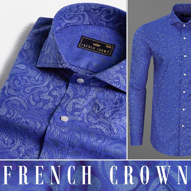 Street Fashion Sapphire Blue Jacquard Textured Premium Giza Cotton Shirt