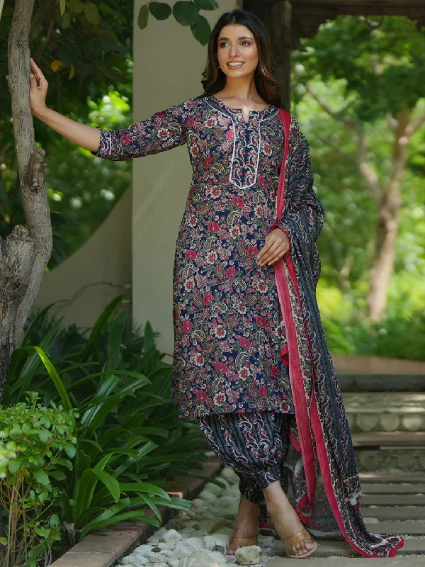 High-end atmosphere Blue Printed Cotton Straight Suit With Dupatta