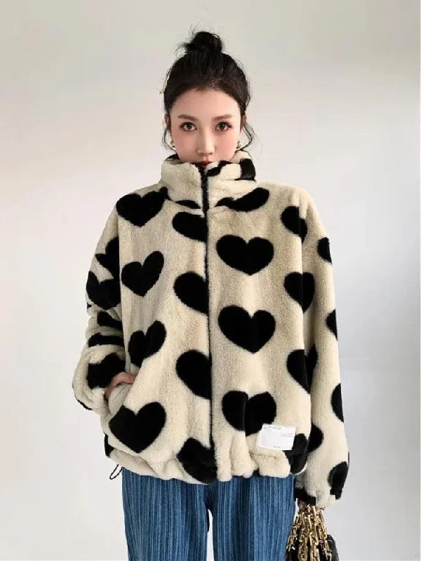 Fresh And Simple Heart Pattern Teddy Jacket