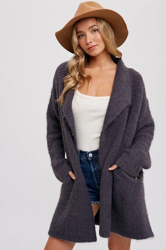 Fresh And Simple Charcoal Fuzzy Knit Draped Cardigan