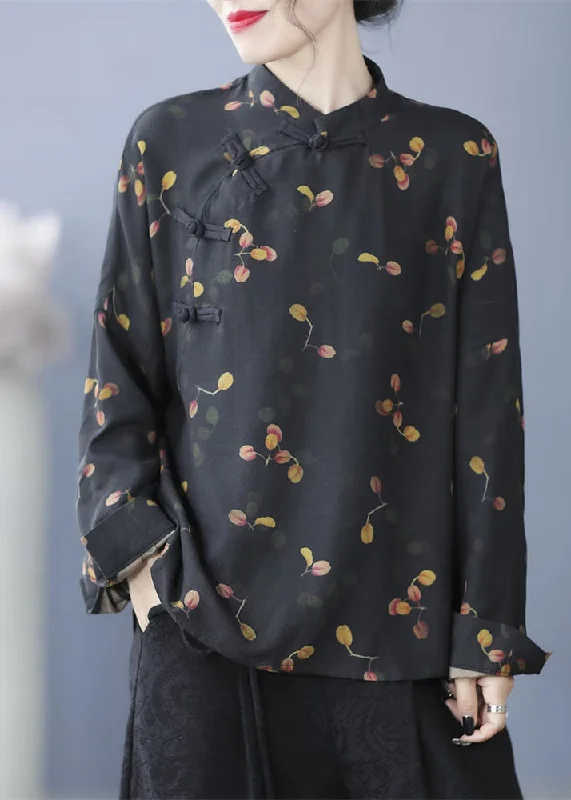 Sports outdoor style Retro Black Stand Collar Print Button Shirt Long Sleeve
