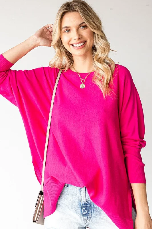 Casual And Versatile Fuchsia Dolman Sleeve Side Slit Sweater