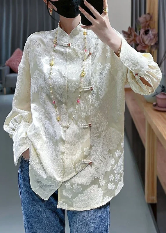 Classic Retro French Apricot Stand Collar Print Silk Blouses Spring