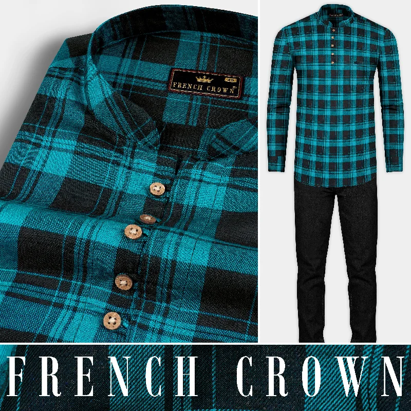 Printing decoration Robin Egg Blue With Jade Black Twill Checkered Premium Cotton Kurta Shirt Printing decoration Robin Egg Blue With Jade Black Twill Checkered Premium Cotton Kurta Shirt