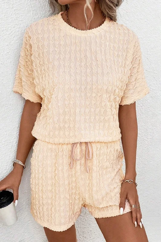 High-end atmosphere Textured Round Neck Top and Shorts Set