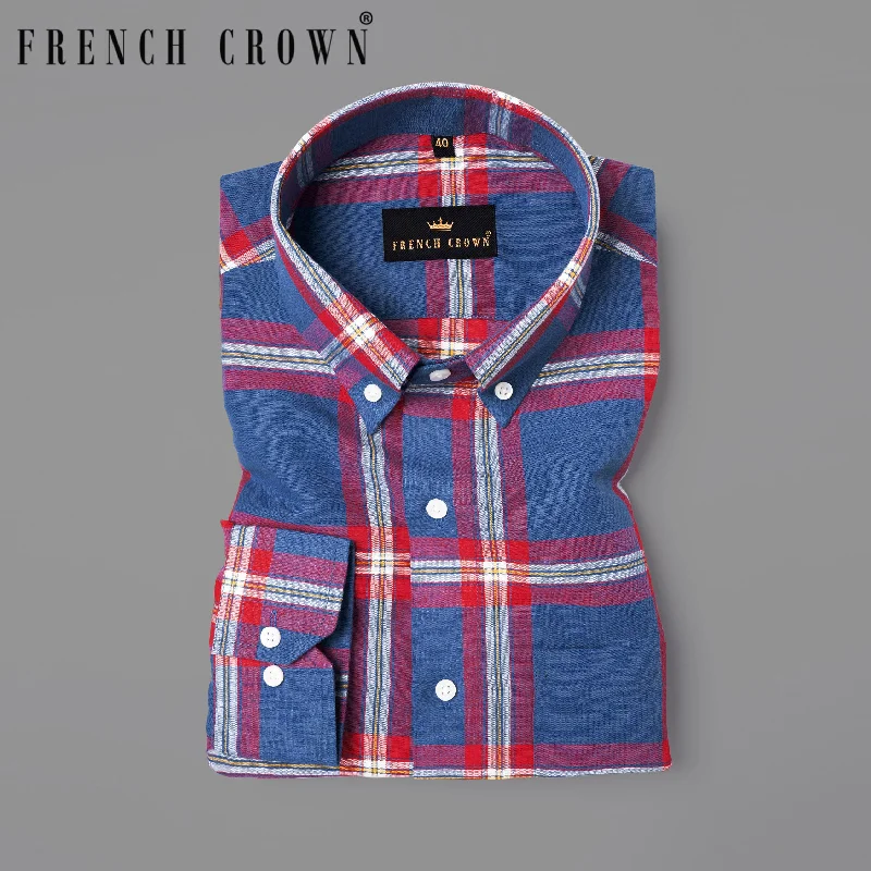 Fashionable sports San Marino Blue with Cadillac and Heather Grey Plaid Luxurious Linen Shirt Fashionable sports San Marino Blue with Cadillac and Heather Grey Plaid Luxurious Linen Shirt