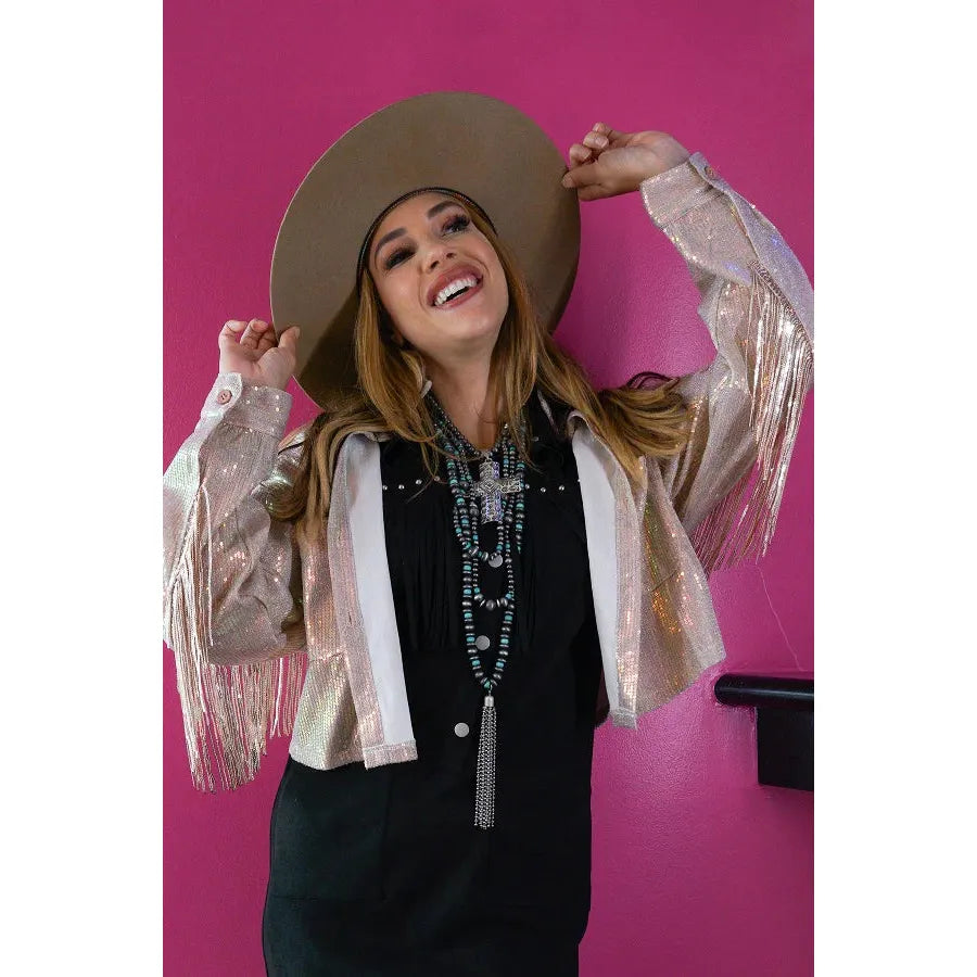 Ultra-lightweight Lucky & Blessed Sequin Short Fringe Jacket in Rose Gold or Black