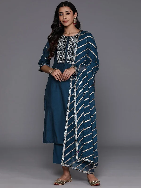 Printed pattern Blue Solid Silk Blend Straight Suit With Dupatta