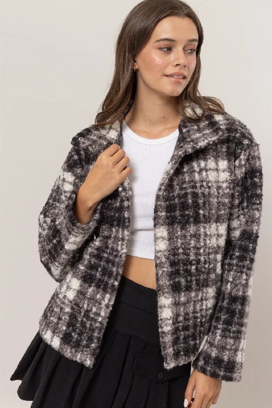 Sports Casual Style Plaid Boucle Jacket - Black