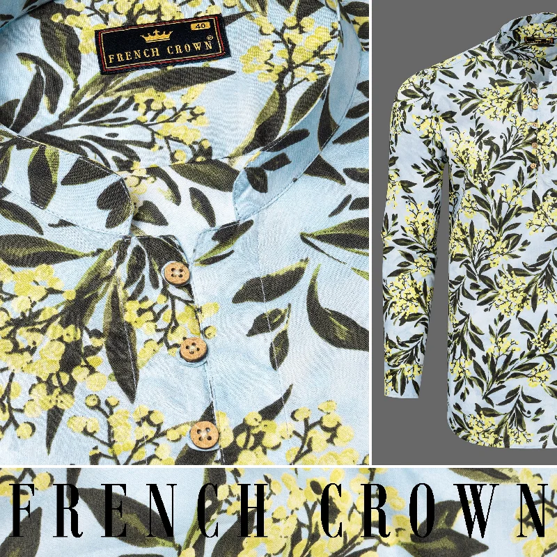 Printing decoration Mabel Blue Leaves Printed Premium Cotton Kurta Shirt