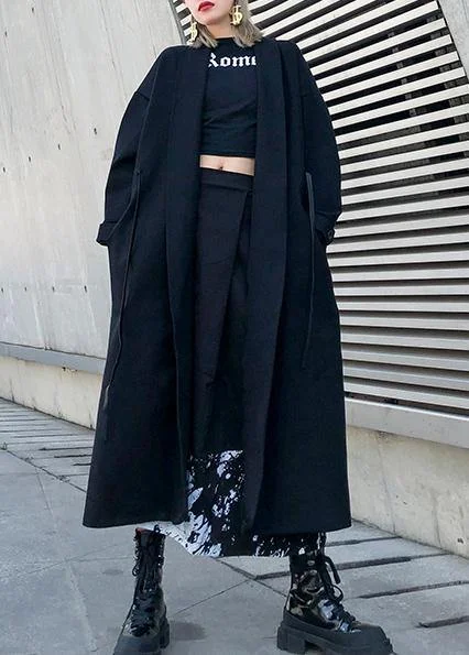 Literary Style 2024 black woolen overcoat plus size winter Notched tie waist coat