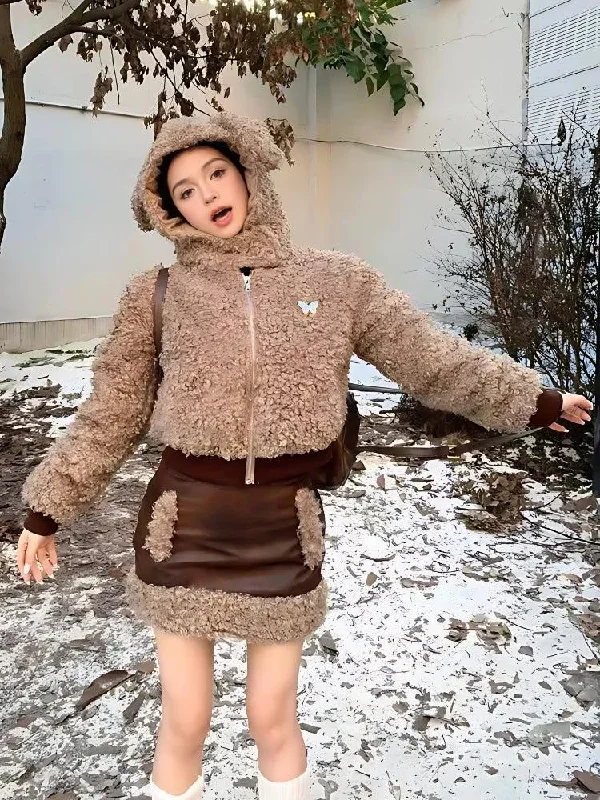 Skirt style Rabbit Hood Teddy Two Piece Set
