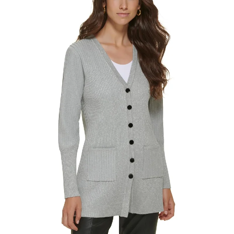 Sports Vitality Style Karl Lagerfeld Paris Womens Ribbed Metallic Cardigan Sweater
