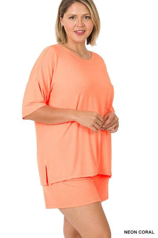 Alice style Plus Drop Shoulder Top & Drawstring Shorts Set