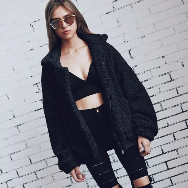 Noble Temperament Oversized Teddy Bear Zipup Jacket - Black