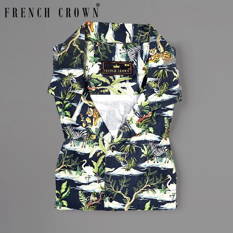 Elegant Style Navy Jungle Art Print Premium Cotton Shirt